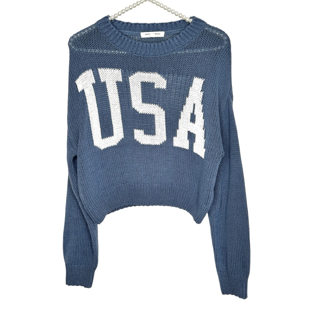 Y2k Cropped USA Sweater XS Blue Slouchy Beach Coastal Preppy Long Sleeve Knit